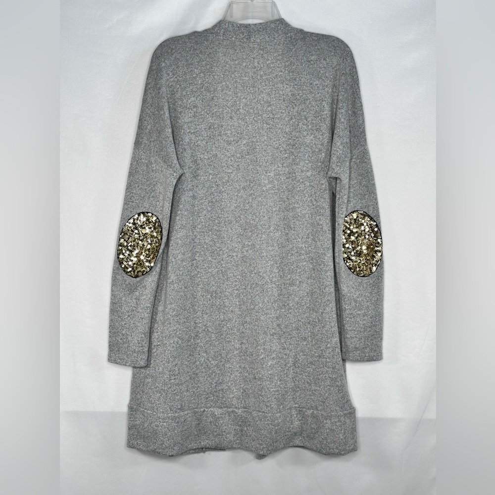 Betsy’s Boutique Shop Gray Open Cardigan Gold Sequin Elbow Patches Casual Sz XXL - Picture 2 of 8